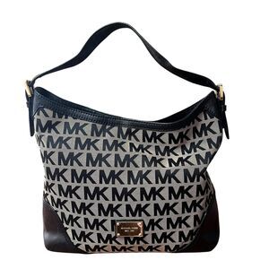 Michael Kors Hobo Bag Womens Large Black Logo Canvas Leather Shoulder Junie